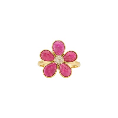 Lot 1023 - Gold, Cabochon Ruby and Colored Diamond Flower Ring