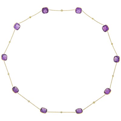 Lot 1033 - Long Gold, Amethyst and Colored Diamond Chain Necklace