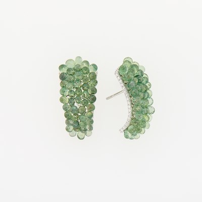 Lot 2118 - Pair of White Gold, Green Sapphire and Diamond Earrings