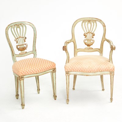 Lot 106 - Set of Six Italian Neoclassical Style Painted and Parcel-Gilt Dining Chairs