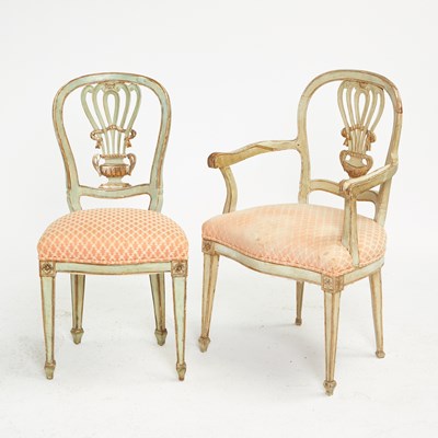 Lot 106 - Set of Six Italian Neoclassical Style Painted and Parcel-Gilt Dining Chairs