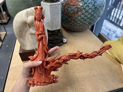 Lot 12 - A Large Chinese Coral Carving of Chang'e