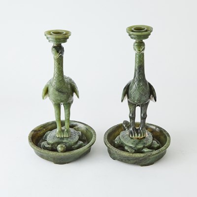 Lot 455 - A Pair of Chinese Spinach Jade Candle Holders