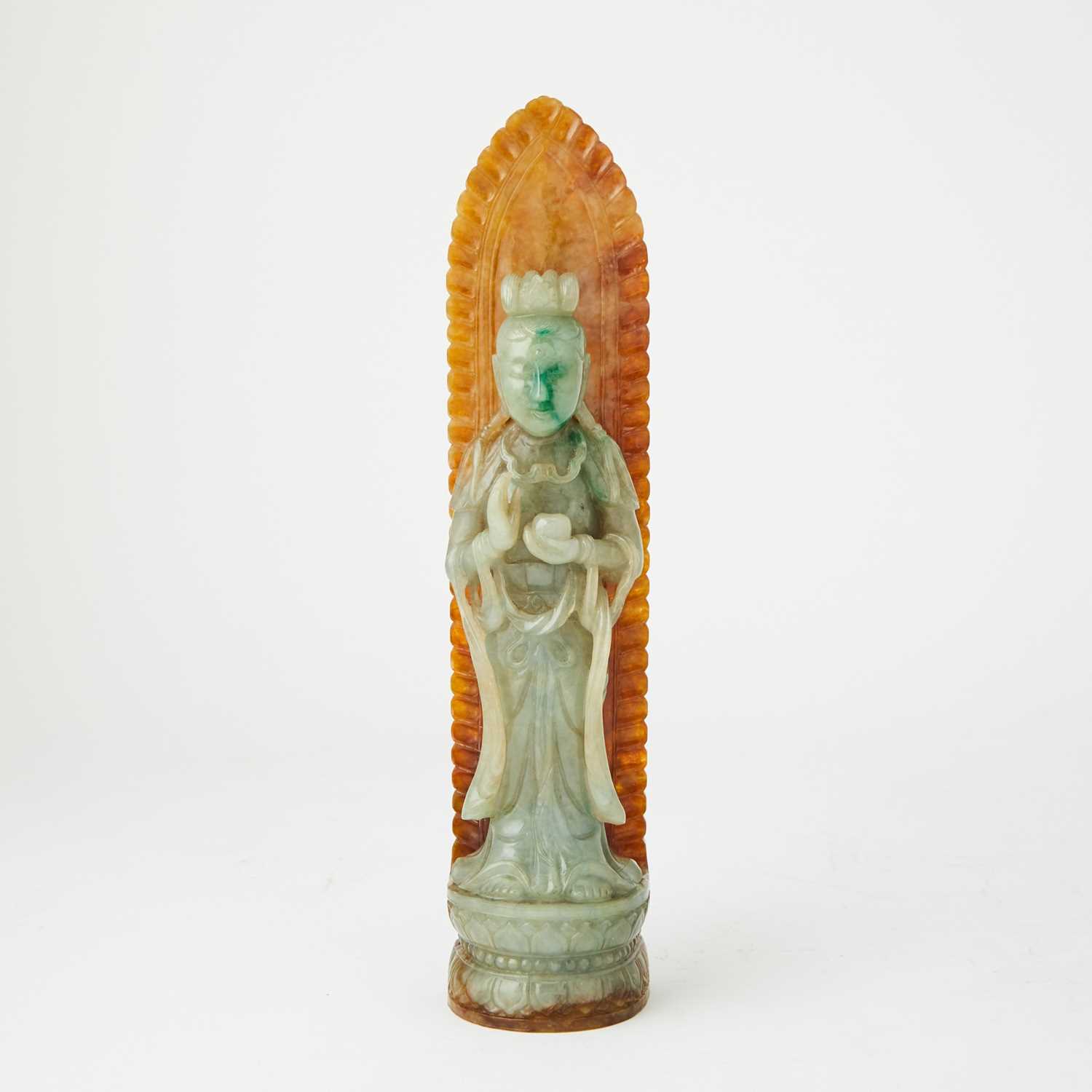 Lot 85 - A Chinese Three Color Jadeite Carving of Guanyin