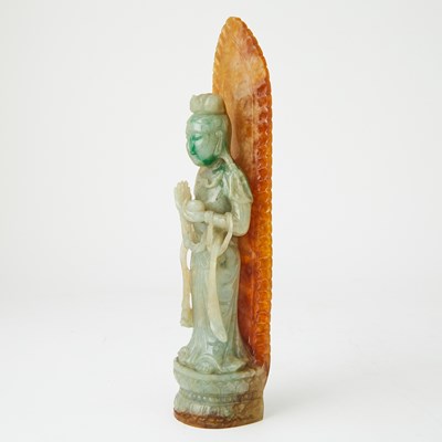 Lot 85 - A Chinese Three Color Jadeite Carving of Guanyin