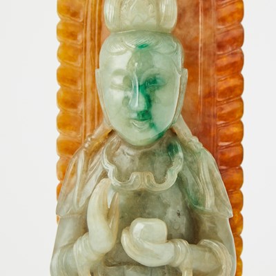 Lot 85 - A Chinese Three Color Jadeite Carving of Guanyin