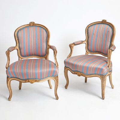 Lot 280 - Pair of Continental Rococo Style Painted and Parcel-Gilt Armchairs