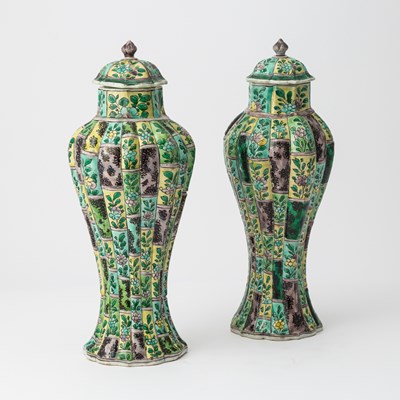 Lot 185 - A Pair of Chinese Famille Verte Porcelain Vases and Covers