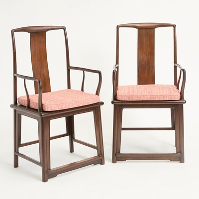 Lot 612 - A Pair of Chinese Hardwood Yoke-Back Armchairs