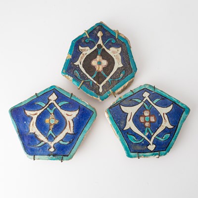 Lot 737 - A Group of Three Polygonal Timurid Cuerda Seca Pottery Tiles