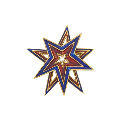 Lot 1012 - Tiffany & Co. Gold, Blue and Red Enamel and Diamond Star Brooch