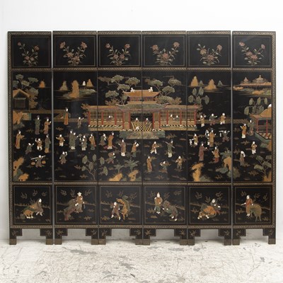 Lot 204 - Chinese Lacquered & Composition Inlay Six-Panel Screen