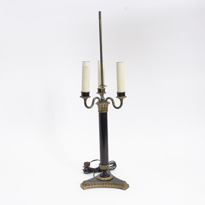 Lot 138 - Empire Style Parcel-Gilt & Black Metal Candelabra Lamp