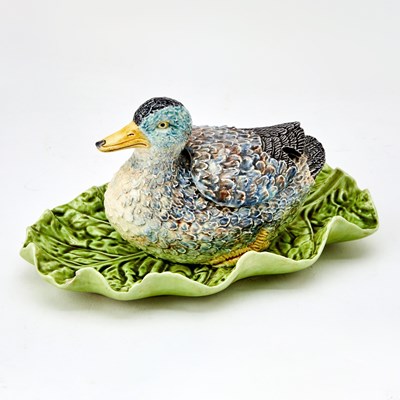 Lot 11 - Portuguese Majolica Duck and Cabbage Leaf-Form Sauce Tureen