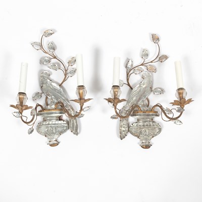 Lot 291 - Pair of Bagues Style Glass Bird Two-Light Wall Sconces