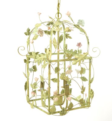 Lot 162 - Green Painted and Floral Decorated Tole Lantern