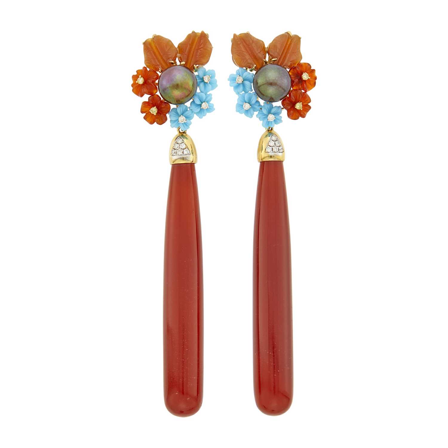 Lot 64 - Pair of Gold, Carved Carnelian, Carnelian and Turquoise, Brown Cultured Pearl and Diamond Pendant-Earclips
