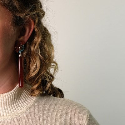 Lot 64 - Pair of Gold, Carved Carnelian, Carnelian and Turquoise, Brown Cultured Pearl and Diamond Pendant-Earclips