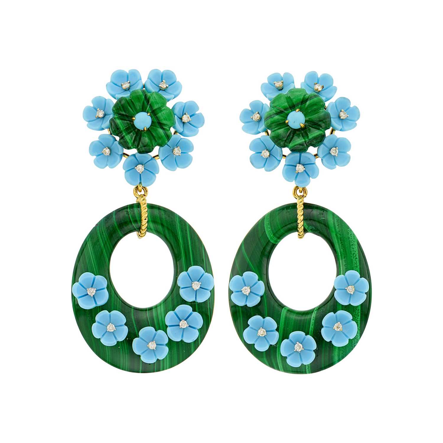 Lot 108 - Pair of Gold, Malachite, Carved Turquoise and Diamond Pendant-Earclips