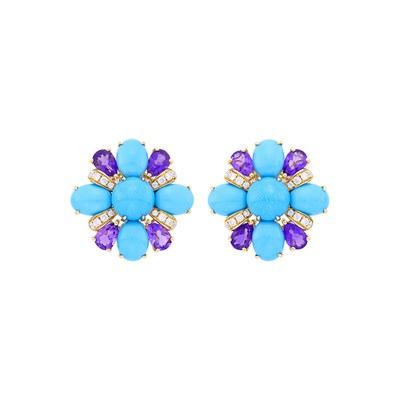 Lot 151 - Pair of Gold, Turquoise, Amethyst and Diamond Earrings