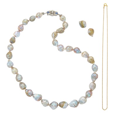 Lot 1217 - Baroque Gray Cultured Pearl Necklace with White Gold, Sapphire and Diamond Clasp, Two Unmounted Pearls and Gold Chain Necklace