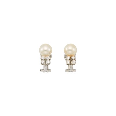 Lot 1096 - Gubelin Pair of White Gold, Cultured Pearl and Diamond Earclips