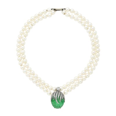 Lot 1122 - Double Strand Cultured Pearl, Cabochon Emerald and Diamond Necklace