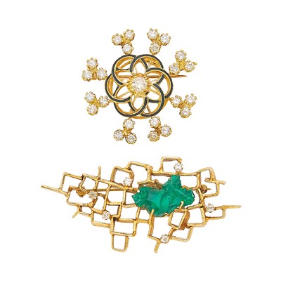 Lot 1264 - Gold, Synthetic Emerald Crystal and Diamond Brooch and Gold, Black Enamel and Diamond Brooch