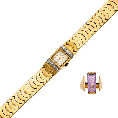 Lot 1243 - Gold and Diamond Wristwatch and Gold and Amethyst Ring