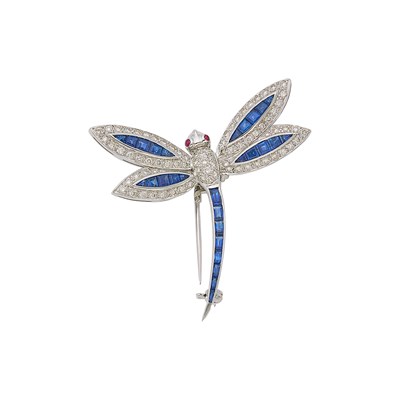 Lot 1090 - White Gold, Sapphire and Diamond Dragonfly Pendant-Brooch