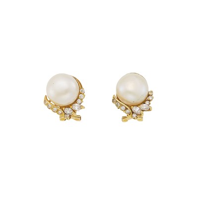 Lot 1223 - Pair of Gold, Freshwater Pearl and Diamond Earclips