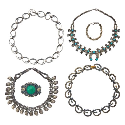 Lot 1277 - Four Silver and Turquoise Necklaces and Nephrite Brooch