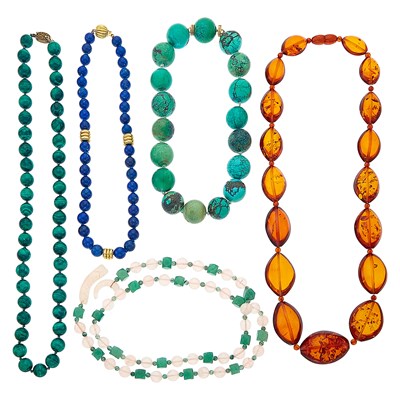 Lot 1281 - Five Hardstone Bead Necklaces