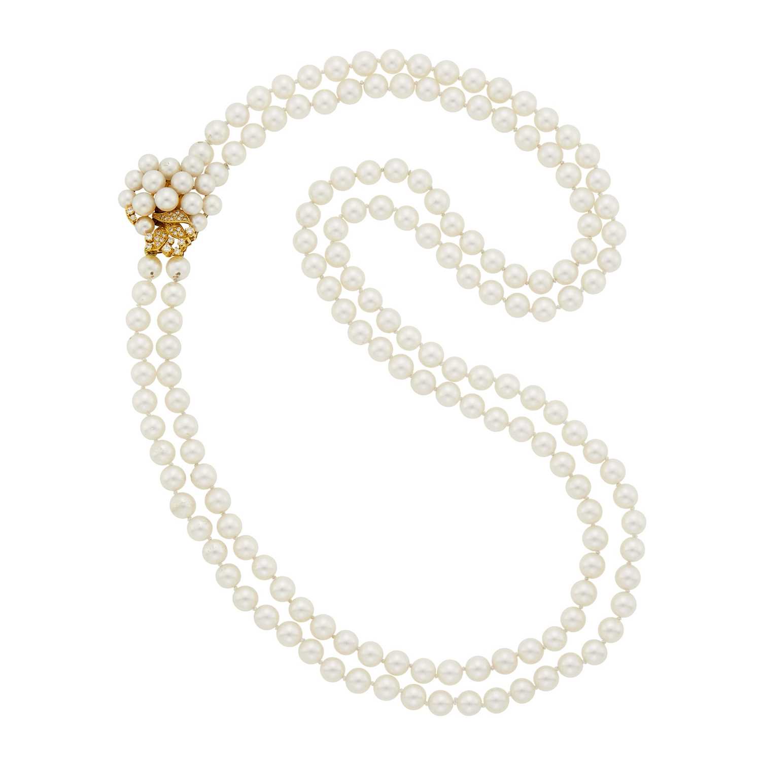 Lot 122 - Long Double Strand Cultured Pearl Necklace with Gold, Cultured Pearl and Diamond Clasp
