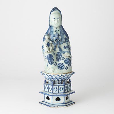 Lot 574 - A Chinese Blue and White Porcelain Guanyin and Stand