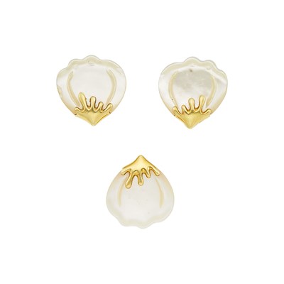 Lot 1259 - Tiffany & Co. Pair of Gold and Mother-of-Pearl 'Petal' Earclips and Pendant