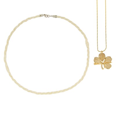 Lot 1280 - Gold and Seed Pearl Four Leaf Clover Brooch-Pendant with Chain Necklace and Seed Pearl Necklace with Platinum Clasp