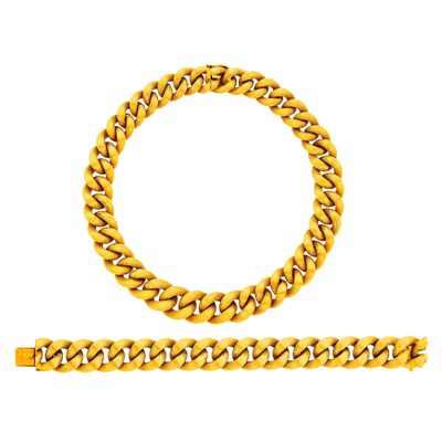 Lot 180 - Gold Ribbed Curb Link Necklace and Bracelet, France