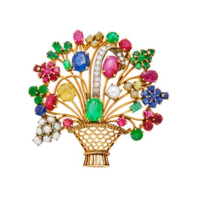 Lot 117 - Gold, Diamond, Gem-Set and Cultured Pearl Basket Brooch