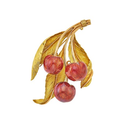 Lot 1047 - Two-Color Gold and Enamel Cherry Brooch