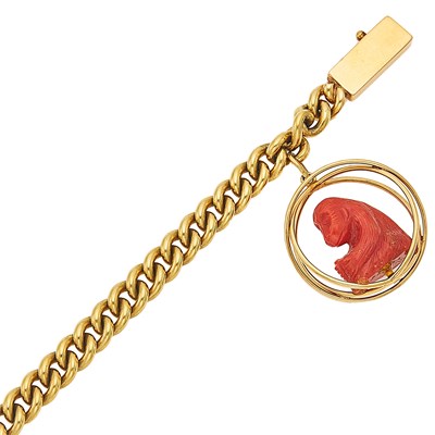 Lot 1271 - Gold Link Bracelet with Carved Coral Monkey Charm