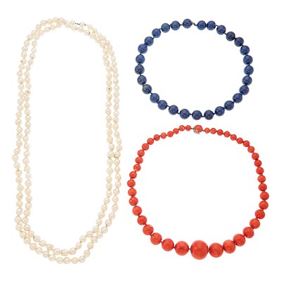 Lot 1279 - Coral Bead Necklace with Gold Clasp, Lapis Bead Necklace and Long Baroque Cultured Pearl Necklace