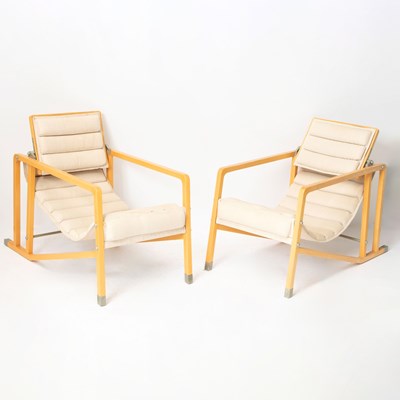 Lot 399 - Pair of Eileen Gray Style Canvas and Blondewood “Transat” Lounge Chairs