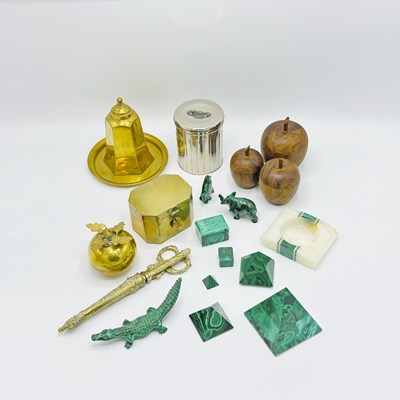 Lot 1131 - Group of Malachite, Brass, and other Desk Items and Ornaments