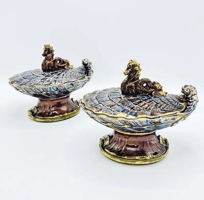 Lot 1124 - Pair of Majolica-glazed Parcel-gilt Shell-form Covered Dishes