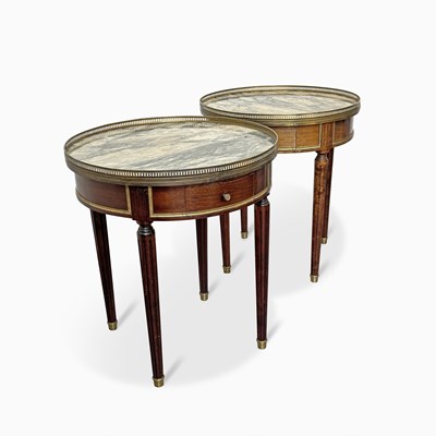 Lot 1122 - Pair of Louis XVI Style Marble Top Mahogany and Gilt Circular Side Tables