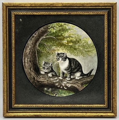 Lot 1100 - Continental Painted Porcelain Plaque of Kittens on a Tree Branch