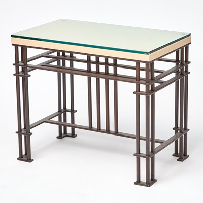 Lot 405 - Jean Michel Wilmotte Patinated Metal, Blondewood and Glass Side Table