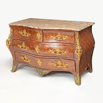 Lot 387 - Régence Gilt-Bronze Mounted Rosewood Parquetry Commode, by Jean-Mathieu Chevallier