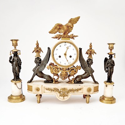 Lot 324 - Louis XVI Ormolu, Patinated Bronze and White Marble Mantel Clock